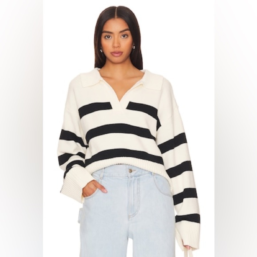 POL Striped Black & Cream  V Neck Collared Academic Sweater